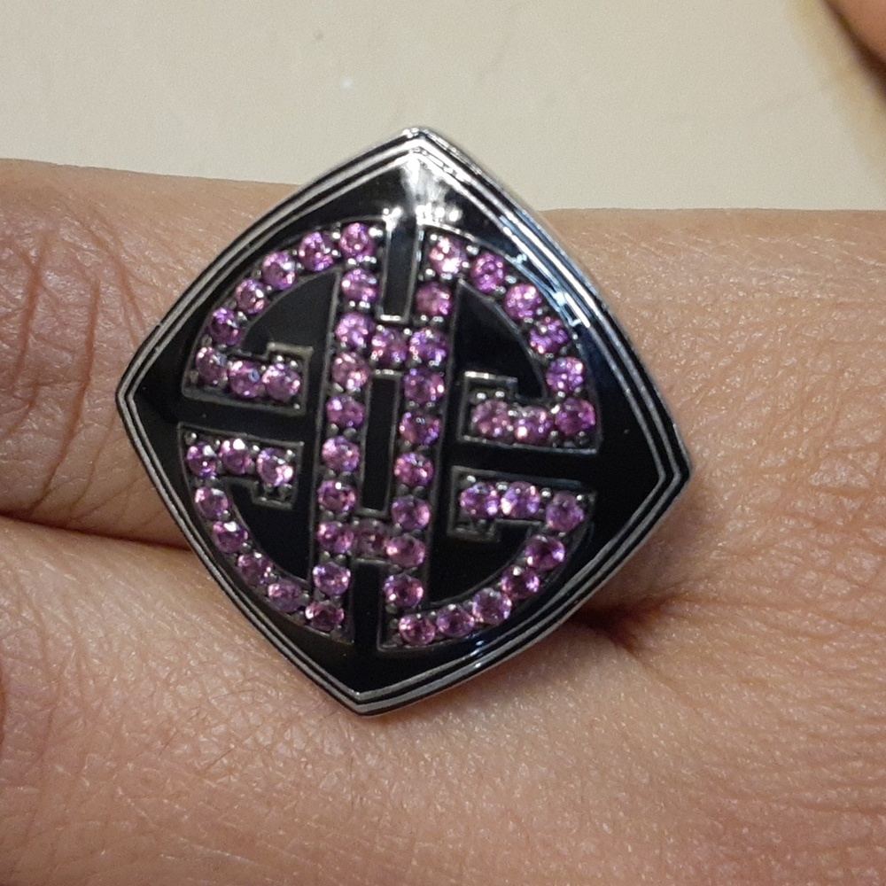925 Genuine Rhodolite Garnet, Black Enamel, "Longevity" ring. FIRM.